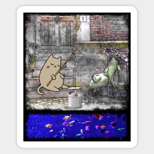 Snoozing Fisherman Cat - Whimsical Cartoon Design Sticker